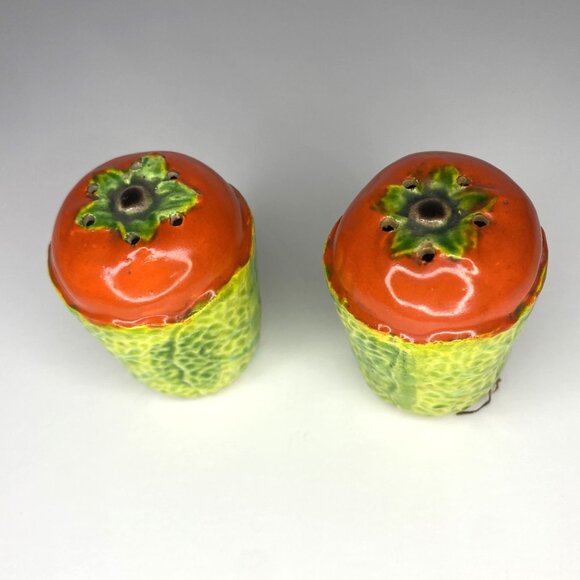 Ceramic Tomato & Leaf Salt & Pepper Shakers, VIntage, Spices - Picture 7 of 7